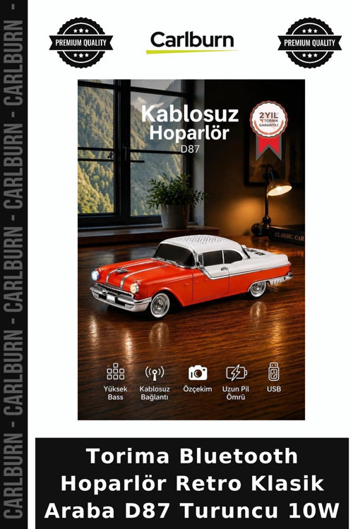 Premium Torima Bluetooth Hoparlör Retro Klasik Araba D87 Turuncu 10W Bağlantı Nostaljik Ofis