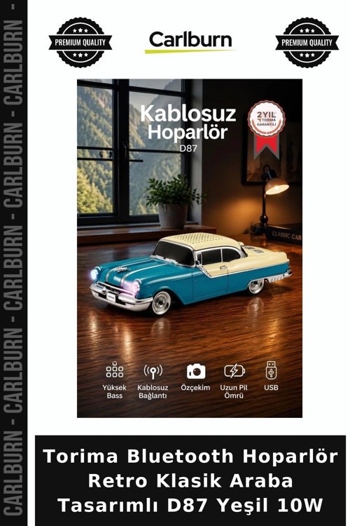 Torima Bluetooth Hoparlör Retro Klasik Araba Tasarımlı D87 Yeşil 10W Genç Odası Radyolu Müzik