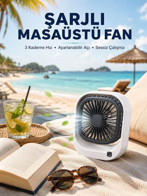 Şarjlı Masaüstü Fan 3 Kademeli Hız Ayarlı Güçlü Hava Akışı - KKKKKK2809-5225