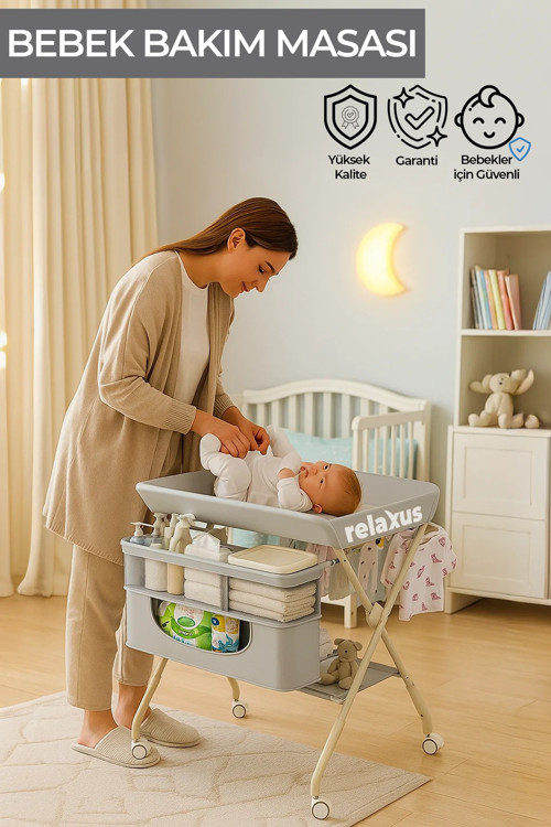 Portatif Tekerlekli Bebek Alt Açma Değiştirme Bakım Masası Sepetli Organizer Katlanabilir Ünitesi
