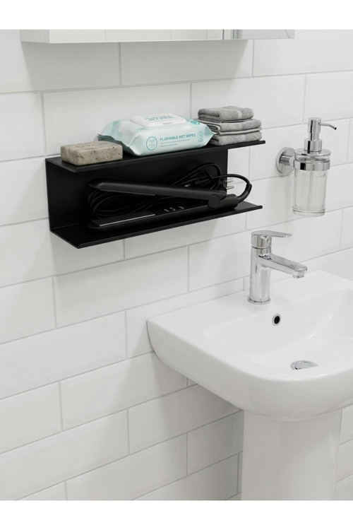 İki Katlı Metal Banyo Rafı - Lavabo Üstü Organizer, Siyah Havluluk Ve Saç Maşası Düzenleyici Duvar Rafı