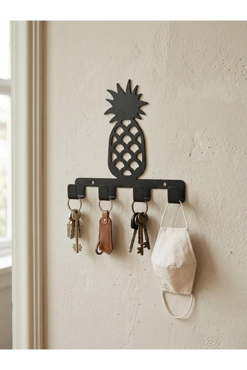 Ananas Desenli Siyah Metal Duvar Askı Aparatı, Modern Tasarım