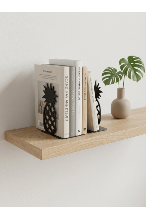Ananas Figürlü Metal Kitap Tutucu - Siyah Dekoratif Kitap Desteği Ve Raf Düzenleyici Kitaplık Aksesuarı