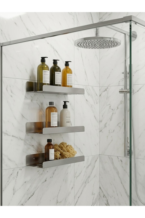Yapışkanlı / Vidalı Banyo Mutfak Rafı 3'Lü Set - Su Tahliyeli Ve Lif Askılı Organizer