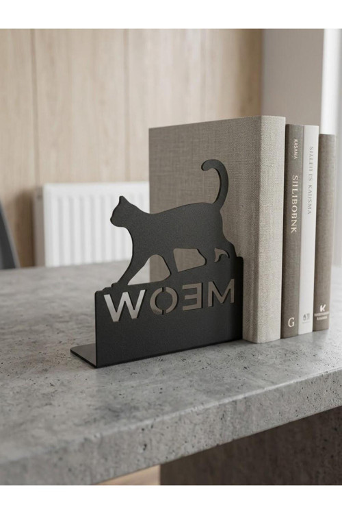Kedi Figürlü Ve Meow Yazılı Metal Kitap Tutacağı - Siyah Dekoratif Kitap Desteği