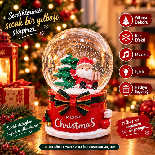 2027 Yılbaşı Yeni Yıl Hediyesi Işıklı Müzikli Merry Christmas Temalı Noel Baba Kar Küresi 13x8 CM