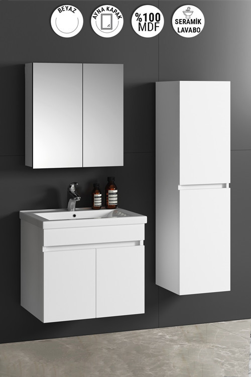 Çiğdem 55+35 cm Beyaz MDF Seramik Lavabolu Asma Banyo Dolabı Takımı