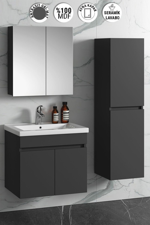 Çiğdem 65+35 cm Antrasit Gri Mat MDF Seramik Lavabolu Sepetli Asma Banyo Dolabı Takımı