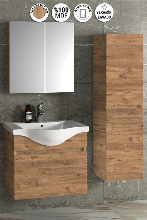Yıldız 65+35 cm Atlantik Çam MDF Seramik Lavabolu Asma Banyo Dolabı Takımı