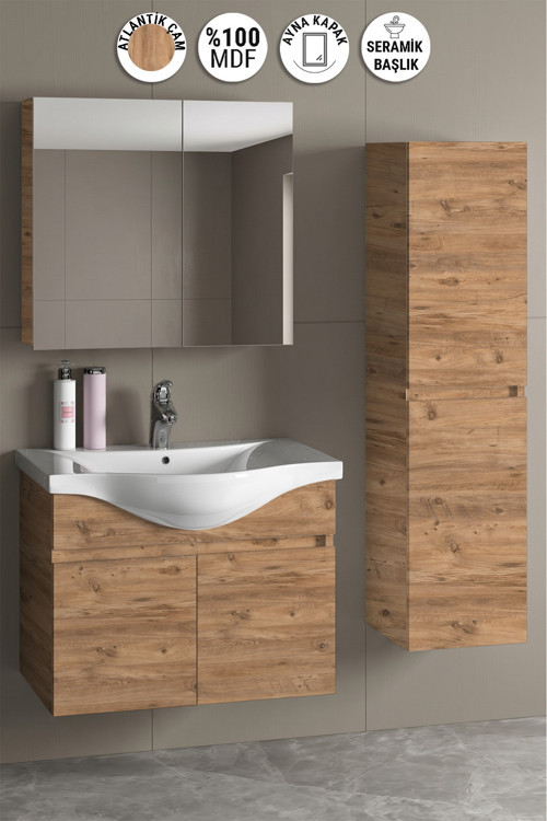 Yıldız 80+35 cm Atlantik Çam MDF Seramik Lavabolu Sepetli Asma Banyo Dolabı Takımı