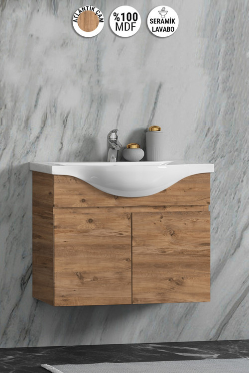 Yıldız 65 cm Atlantik Çam MDF Seramik Lavabolu Asma Banyo Alt Dolabı