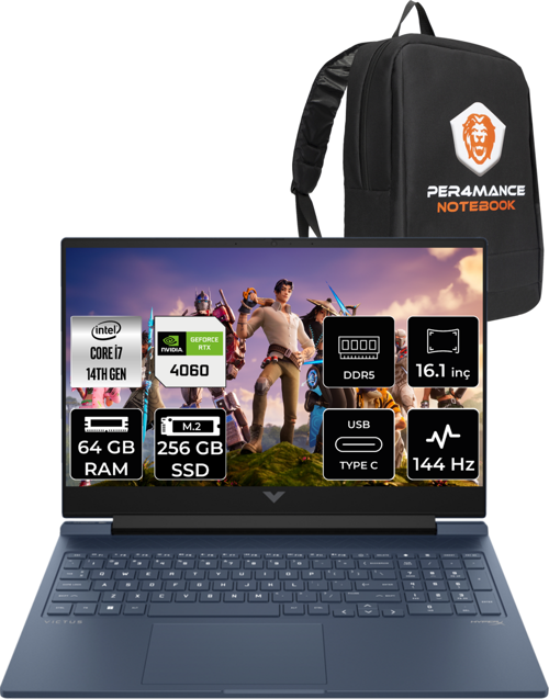 Victus 16 i7 14700HX 64GB 256GB SSD RTX4060/8GB 144HZ 16.1'' FHD FDOS 9J205EA & PER4 Çanta