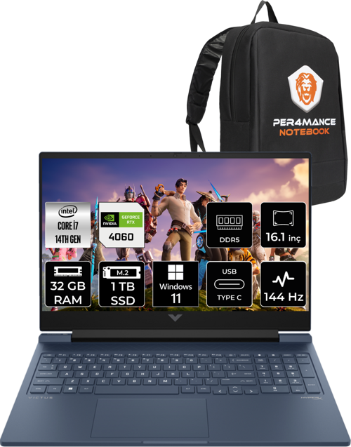 Victus 16 i7 14700HX 32GB 1TB SSD RTX4060/8GB 144HZ 16.1'' FHD W11H 9J205EA & PER4 Çanta