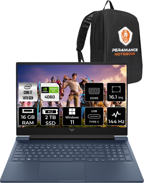 Victus 16 i7 14700HX 16GB 2TB SSD RTX4060/8GB 144HZ 16.1'' FHD W11PRO 9J205EA & PER4 Çanta