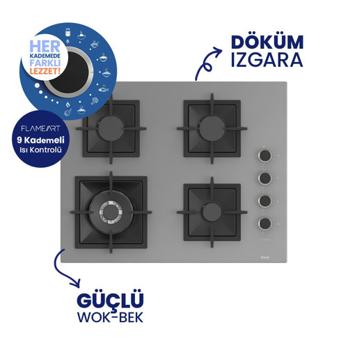SC 408 65 CM Wok Gözlü Gri Cam Ankastre Ocak (Döküm Izgara)