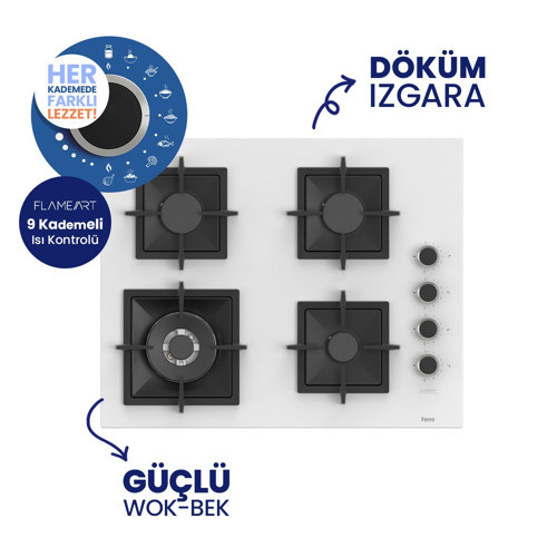SC 406 65 CM Wok Gözlü Beyaz Cam Ankastre Ocak (Döküm Izgara)