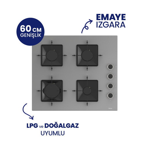 SS208 Gri Cam Ankastre Ocak - Kare Emaye Izgara 60 CM