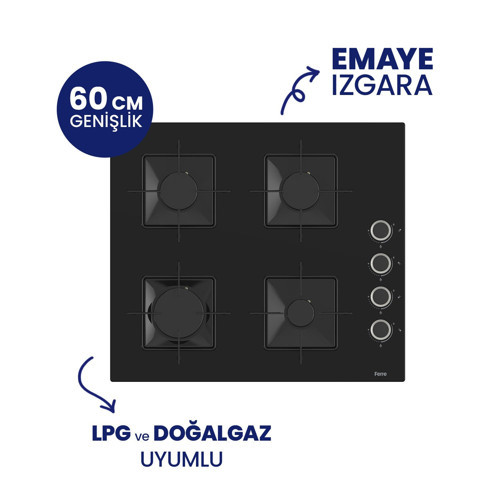 SS205 Siyah Cam Ankastre Ocak - Kare Emaye Izgara 60 CM