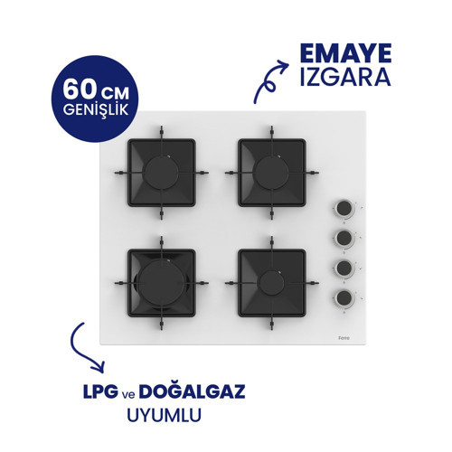 SS206 Beyaz Cam Ankastre Ocak - Kare Emaye Izgara 60 CM