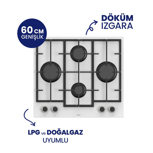 LN386 Beyaz Cam Ankastre Ocak (DÖKÜM IZGARA)