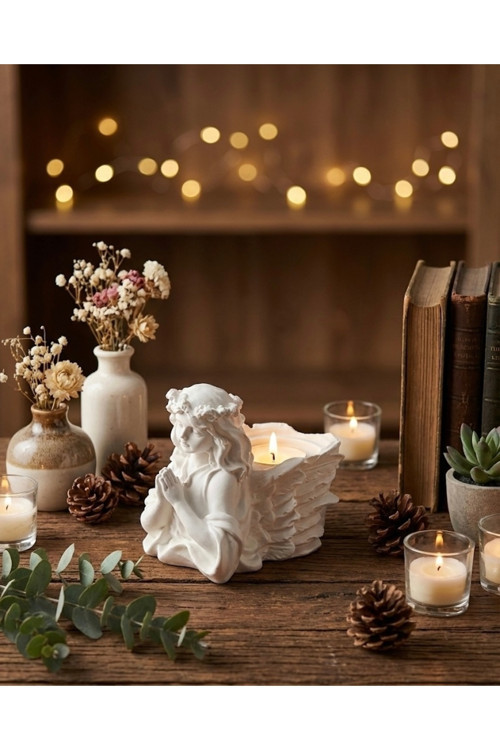 Dua Eden Melek Figürlü Mumluk | Romantik Beyaz Tealight Şamdan Dekor Objesi | Yeni Ev Hediyesi
