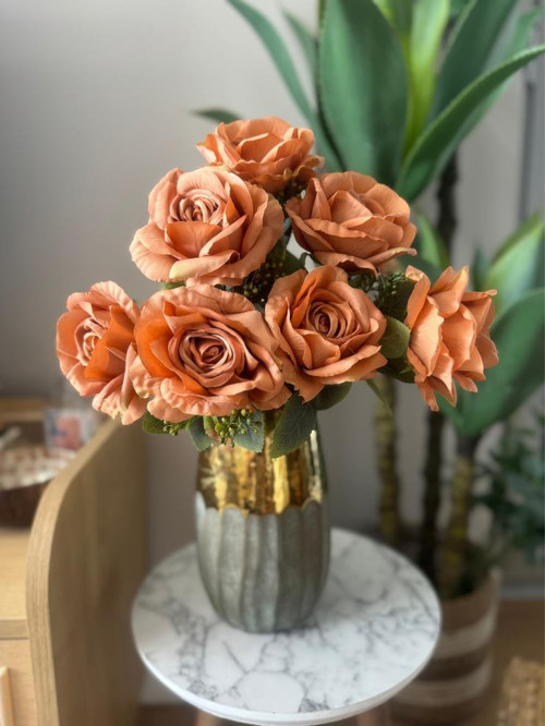 Yapay Çiçek 7li Gül Demeti 40*30 cm 1.Kalite Büyükboy KOYU SOMON