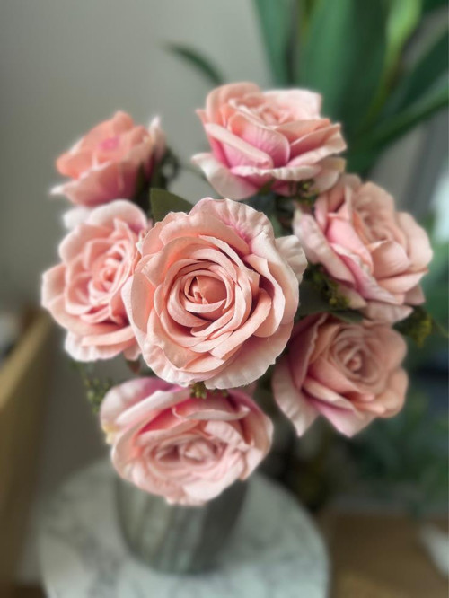 Yapay Çiçek 7li Gül Demeti 40*30 cm 1.Kalite Büyükboy MERCAN PEMBE