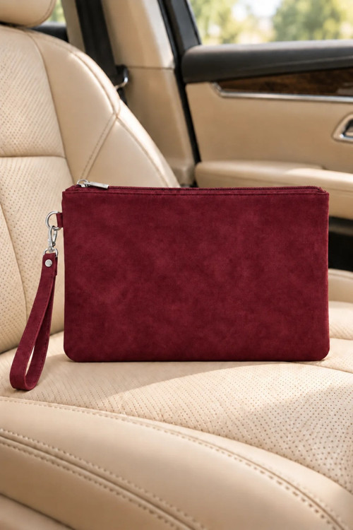 Süet Portföy El Çantası Bilek Askılı Astarlı Bordo Clutch Çanta