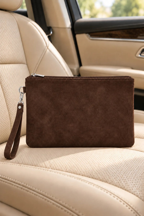 Süet Portföy El Çantası Bilek Askılı Astarlı Acı Kahverengi Clutch Çanta