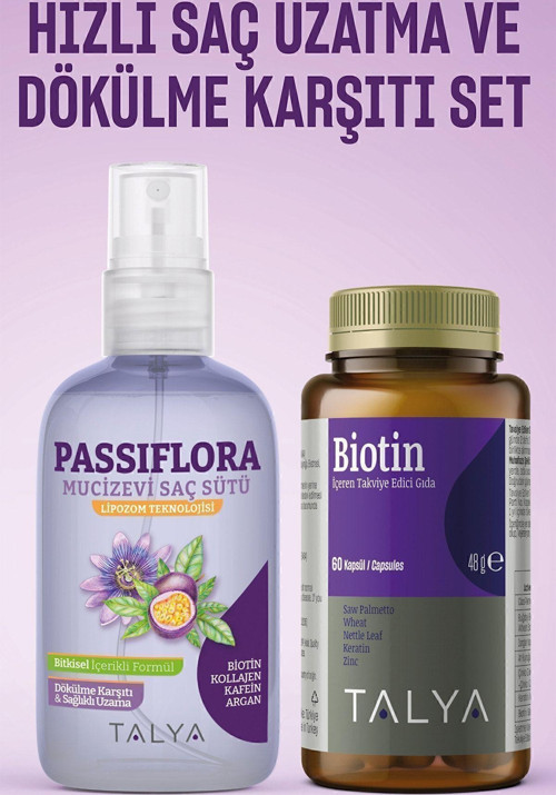 Hızlı Saç Uzatma Etkili Ve Dökülme Karşıtı Set (Passiflora Mucizevi Saç Sütü+Biotin Gıda Takviyesi)