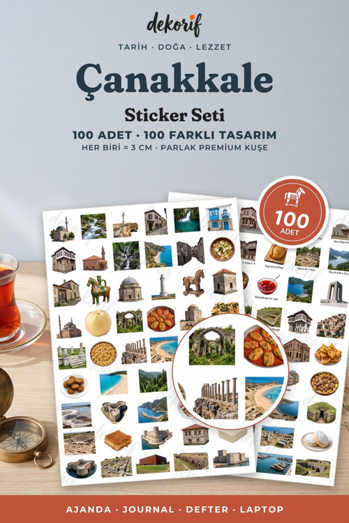 Çanakkale Sticker Seti 100 Adet - Troya Atı Kilitbahir Sardalya Gerçekçi Ajanda Journal Çıkartma