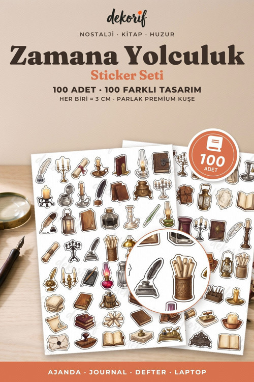 Kitap ve Kütüphane Sticker Seti 100 Adet - Antika Okuma Odası Nostalji Vintage Ajanda Çıkartma