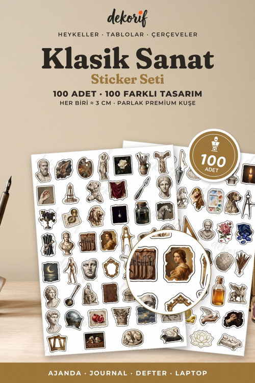 Klasik Sanat Sticker Seti 100 Adet - Mermer Heykel ve Yağlı Boya Ajanda Journal Defter Çıkartma