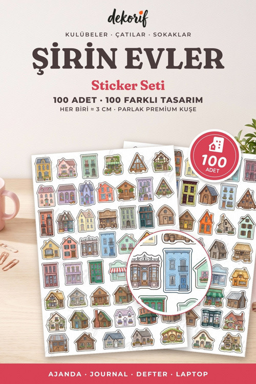 Şirin Evler Sticker Seti 100 Adet - Binalar Çatılar ve Kulübeler Suluboya Ajanda Journal Çıkartma