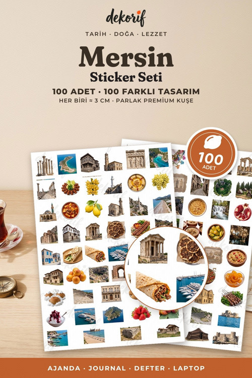 Mersin Sticker Seti 100 Adet - Kızkalesi Tantuni Tarsus Evleri Gerçekçi Ajanda Journal Çıkartma