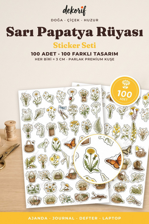 Sevimli Papatya Sticker Seti 100 Adet - Sarı Bahçesi Botanik Ajanda Journal Defter Laptop Çıkartma