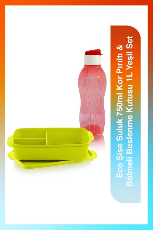Eco Şişe Suluk 750ml Kor Pırıltı & Bölmeli Beslenme Kutusu 1L Yeşil Set