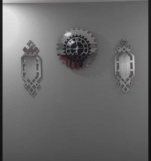 Xl Gümüş Renk Plexiglass Ayna Piyano Model Duvar Saati, + Tablo 3 Parça Set Özel Tasarım