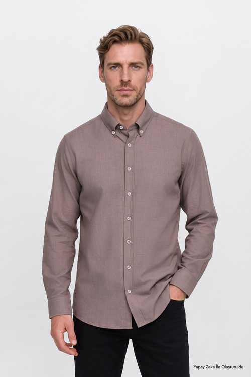 Erkek Kahverengi Pamuklu Yumuşak Dokulu Flanel Slim Fit Dar Kesim Düğmeli Yaka Gömlek