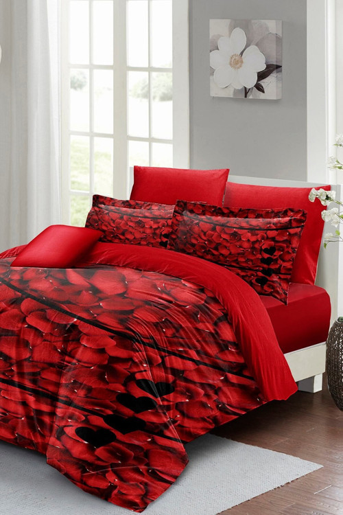 Çift Kişilik ( Lastikli Çarşaflı ) Sevgililer Günü Nevresim Takımı % 100 Pamuk Saten Rose Feather