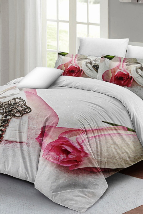 Çift Kişilik ( Lastikli Çarşaflı ) Sevgililer Günü Nevresim Takımı % 100 Pamuk Saten White Love