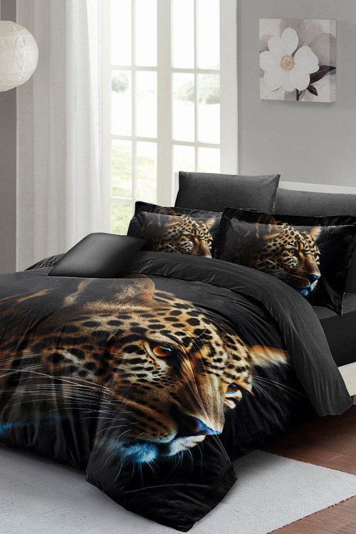 Kıng Sıze %100 Pamuk Saten Çift Kişilik Nevresim Takımı Leopard Face