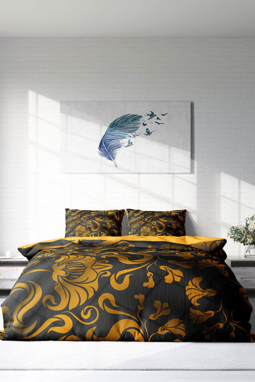 Çift Kişilik ( Lastikli Çarşaflı ) %100 Pamuk Saten Nevresim Takımı Gold Leaves