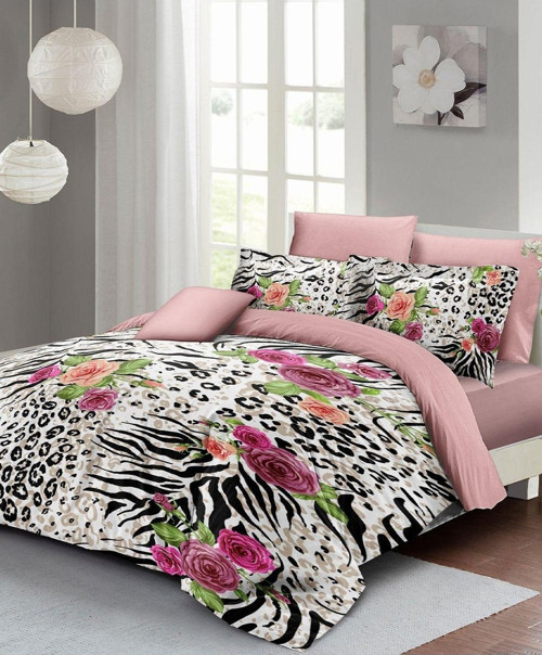 Kıng Sıze %100 Pamuk Saten Çift Kişilik Nevresim Takımı Zebra Flowers