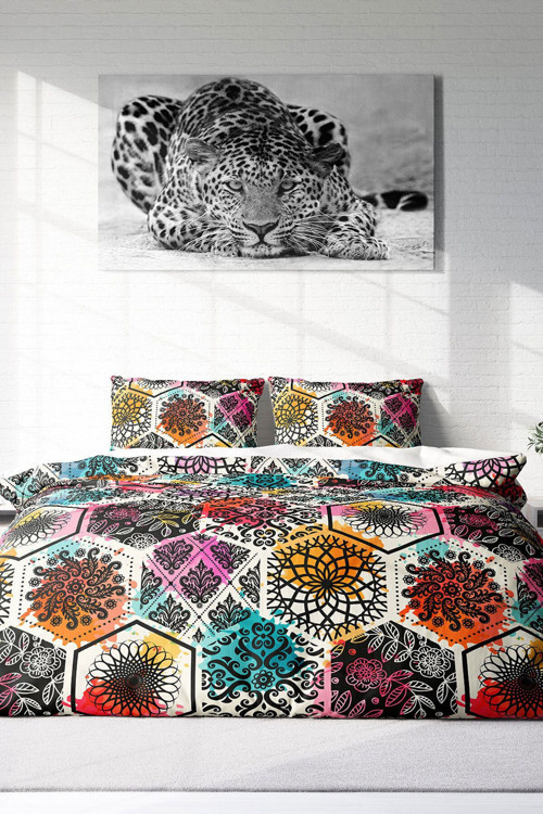 Çift Kişilik ( Lastikli Çarşaflı ) %100 Pamuk Saten Nevresim Takımı Patchwork Tiles