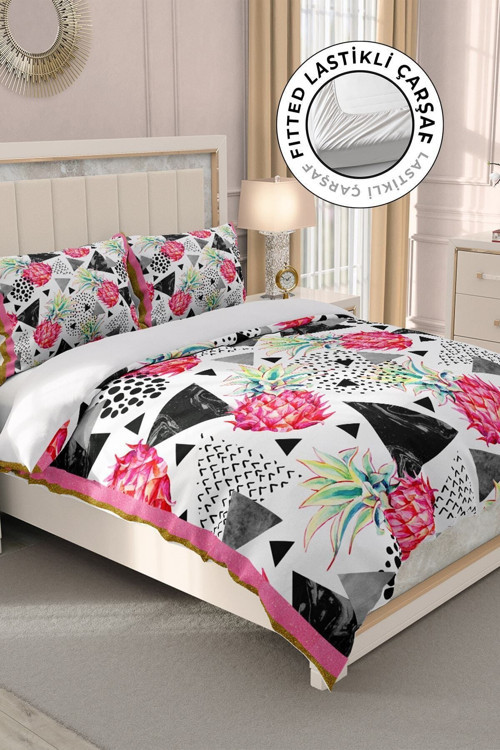 Çift Kişilik ( Lastikli Çarşaflı ) %100 Pamuk Saten Nevresim Takımı Pineapple