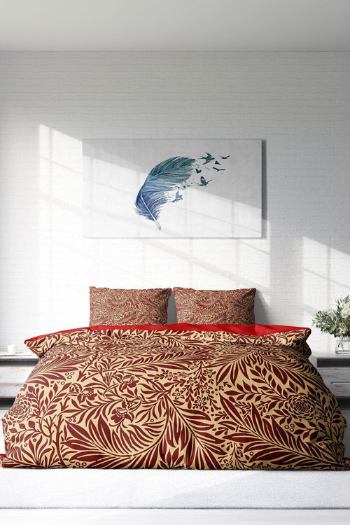 Çift Kişilik ( Lastikli Çarşaflı ) %100 Pamuk Saten Nevresim Takımı Red Leaf