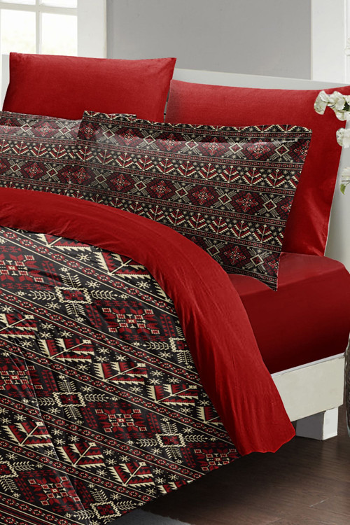 Çift Kişilik ( Lastikli Çarşaflı ) %100 Pamuk Saten Nevresim Takımı Red Old Design