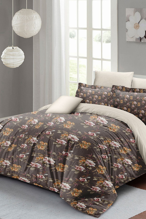 Çift Kişilik ( Lastikli Çarşaflı ) %100 Pamuk Saten Nevresim Takımı Retro Flowers Luxury