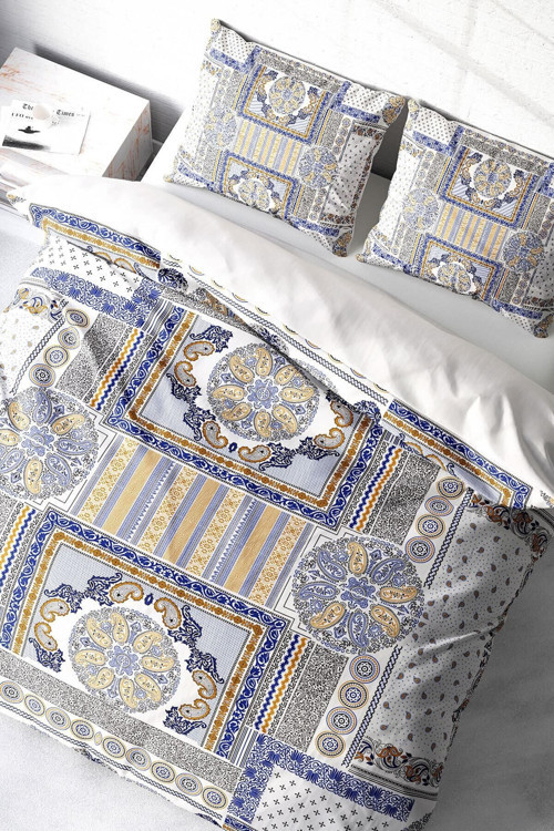 Kıng Sıze Blue Patchwork 3D Pamuk Saten Çift Kişilik Nevresim Takımı